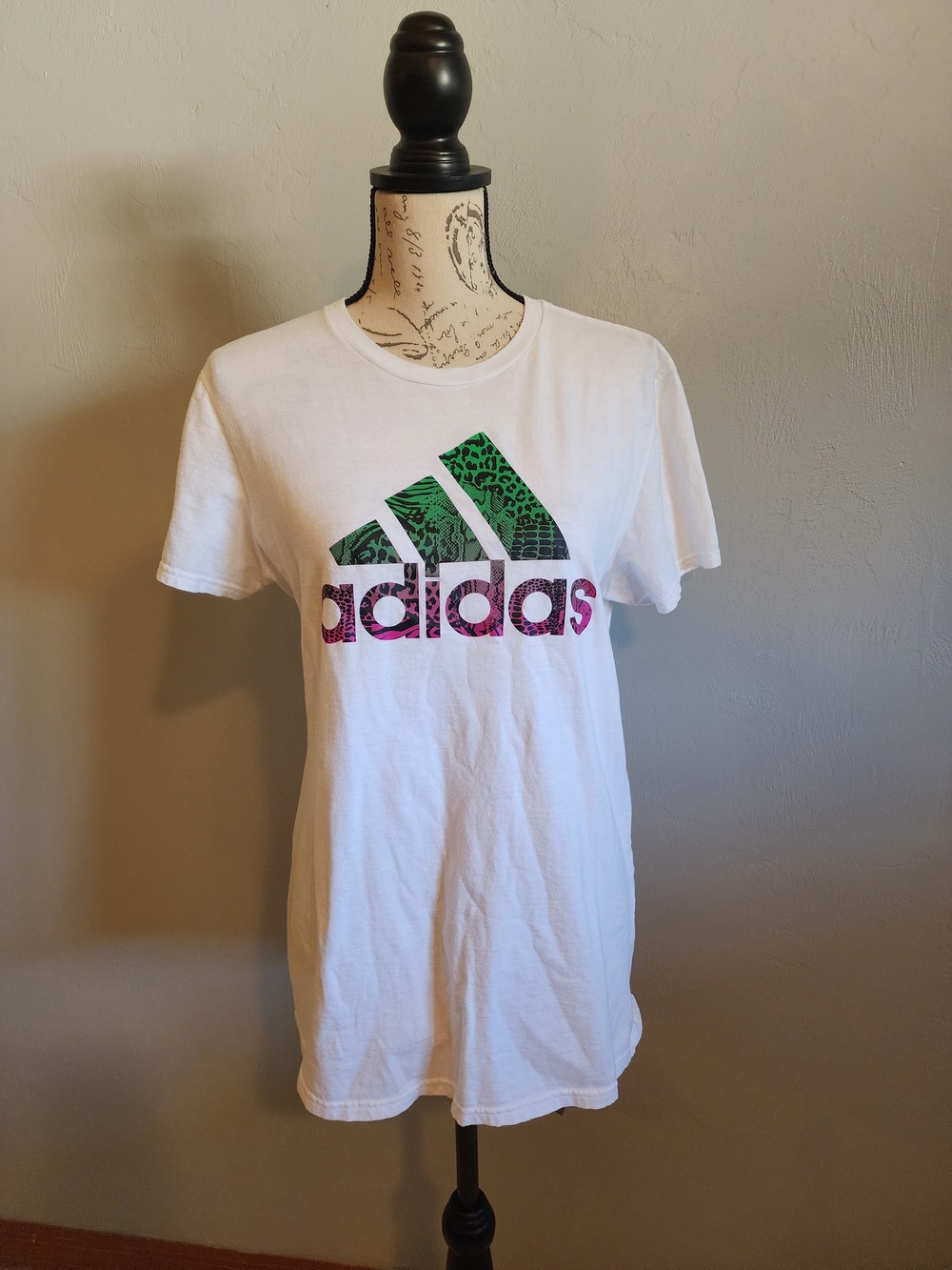 Adidas White Tee with Animal Print Logo